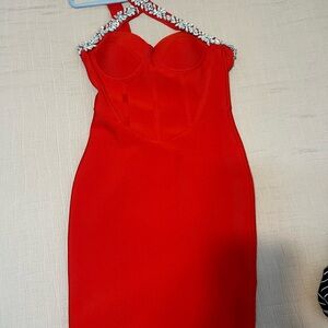 Red Embellished Halter Bodycon Dress